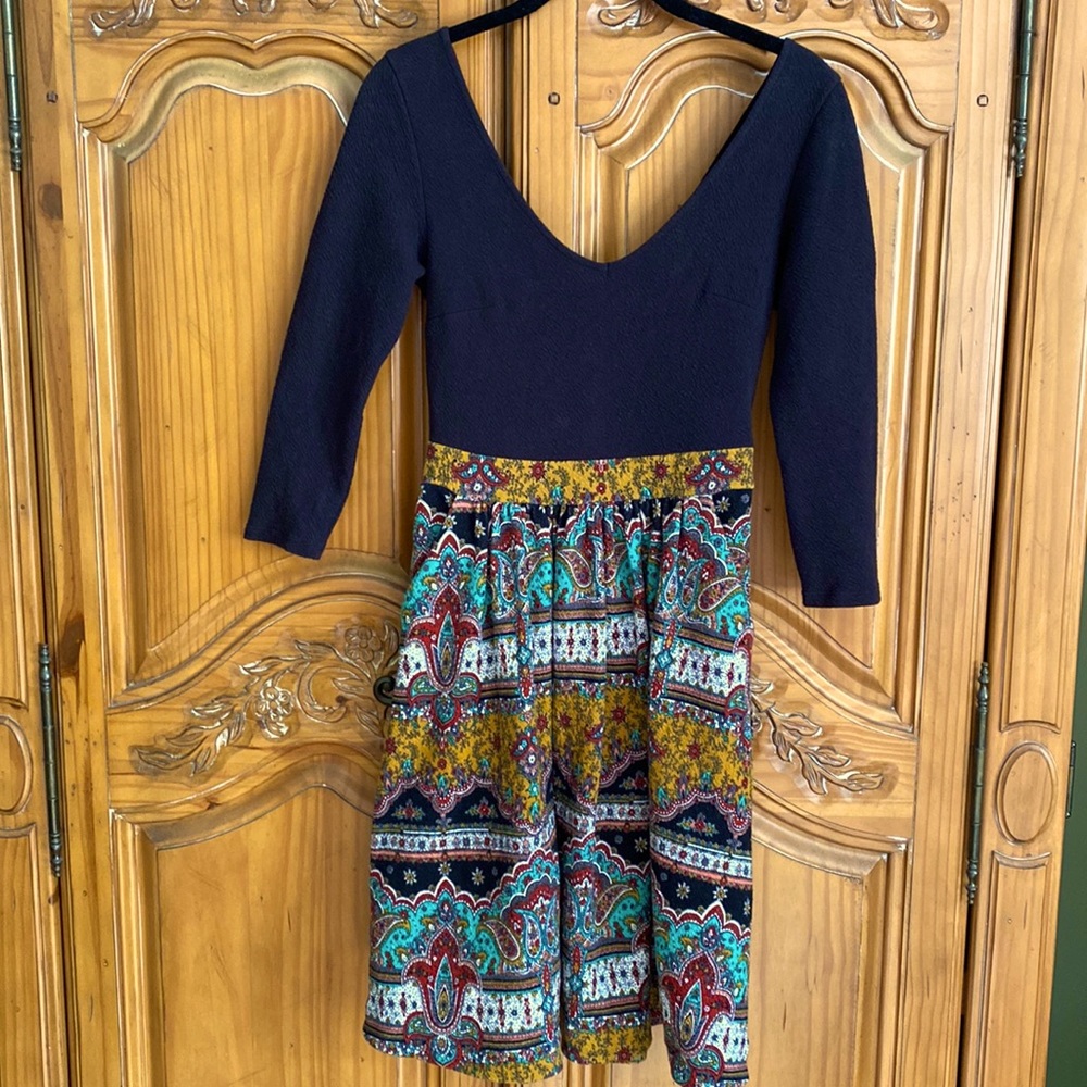 Beautiful Maeve black dress with colorful skirt